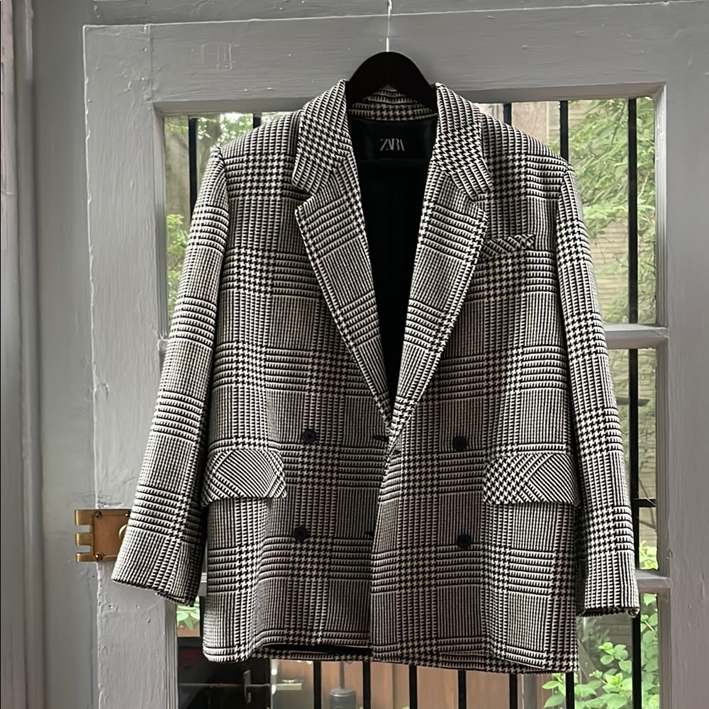 Zara Black and White Glen Plaid Double-Breasted Blazer
